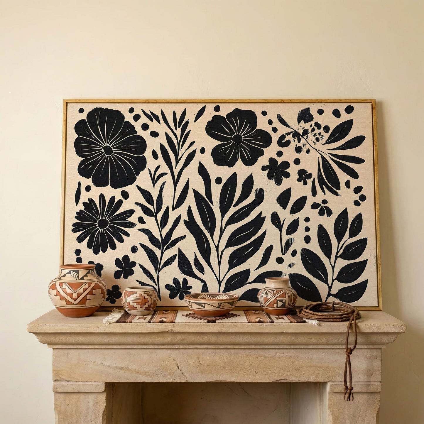 Black and White Floral Canvas with Minimalist Botanical Design in white oak floating frame