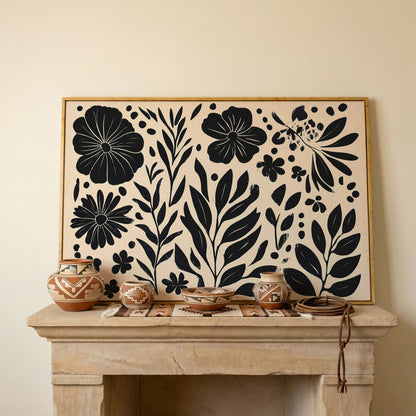 Black and White Floral Canvas with Minimalist Botanical Design in white oak floating frame