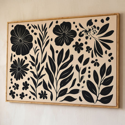 Black and White Floral Canvas with Minimalist Botanical Design shown in white oak floating frame
