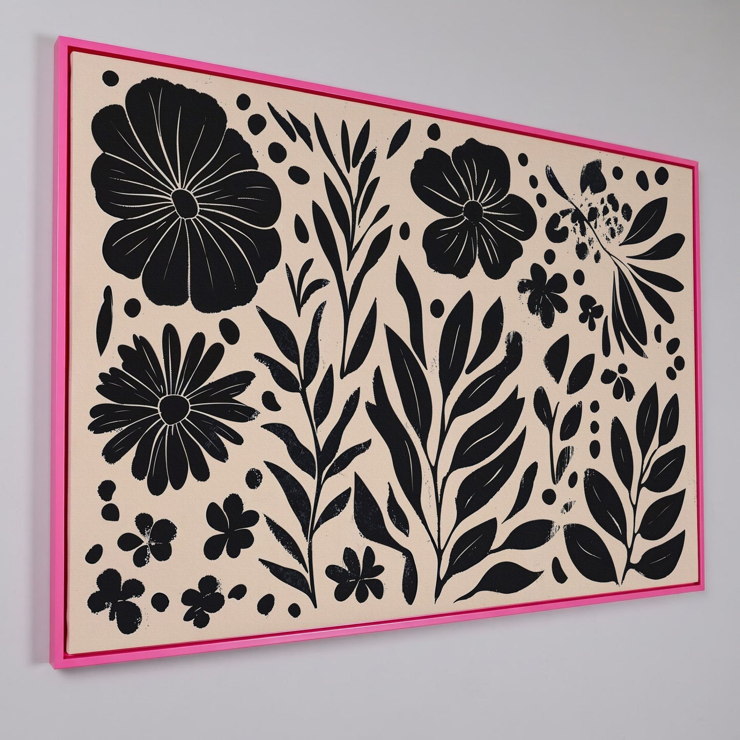Black and White Floral Canvas with Minimalist Botanical Design in pink floating frame