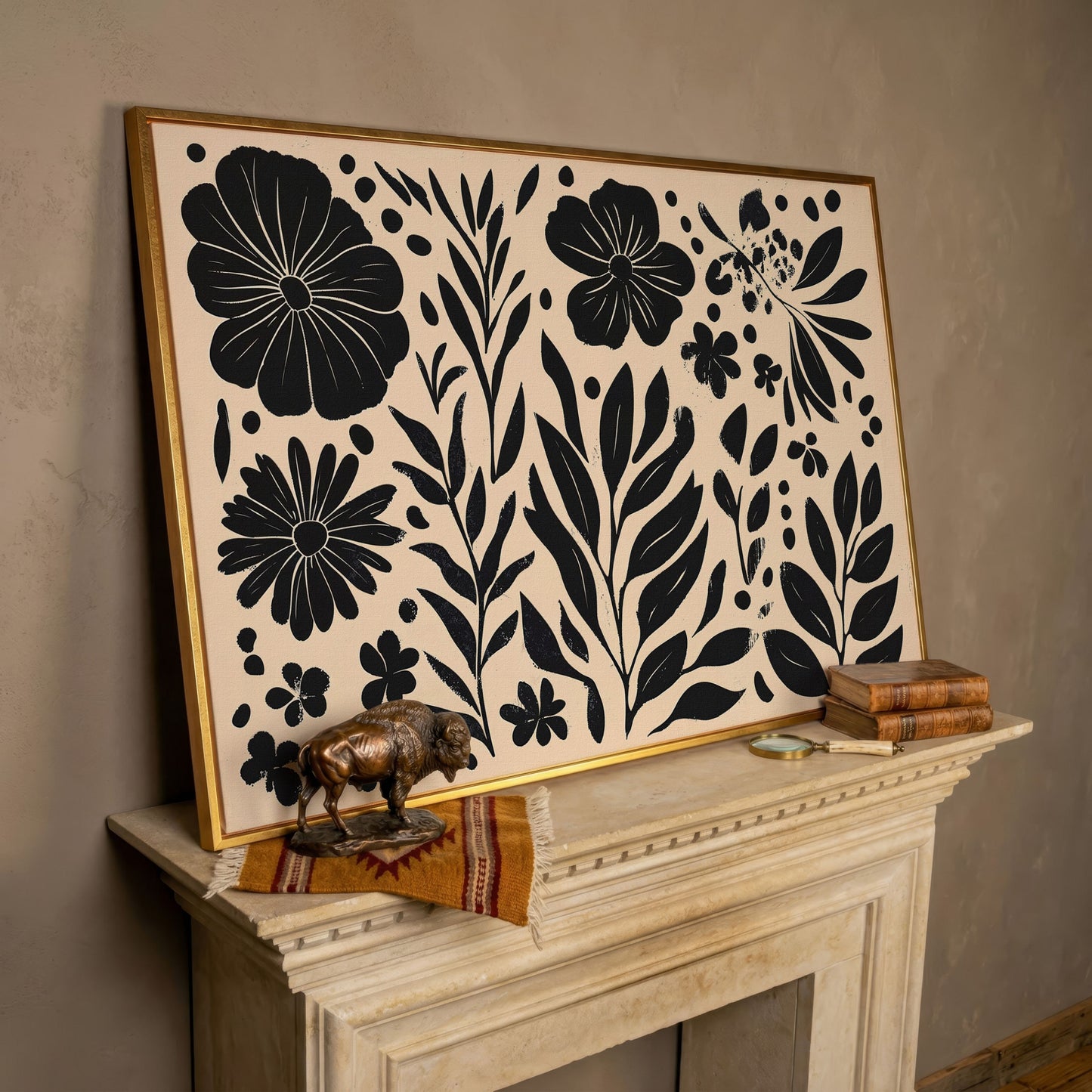 Black and White Floral Canvas with Minimalist Botanical Design in rose gold floating frame