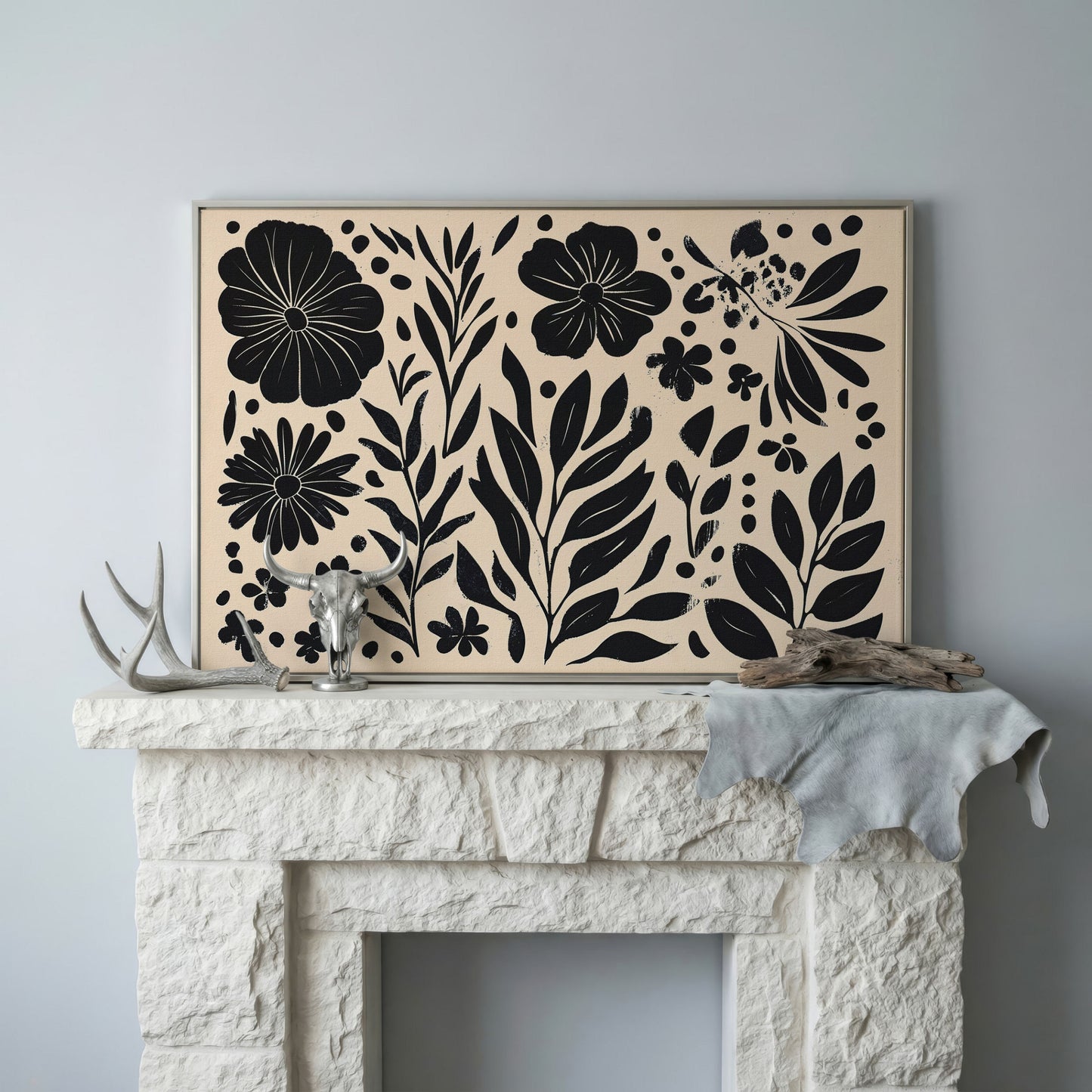Black and White Floral Canvas with Minimalist Botanical Design in silver floating frame