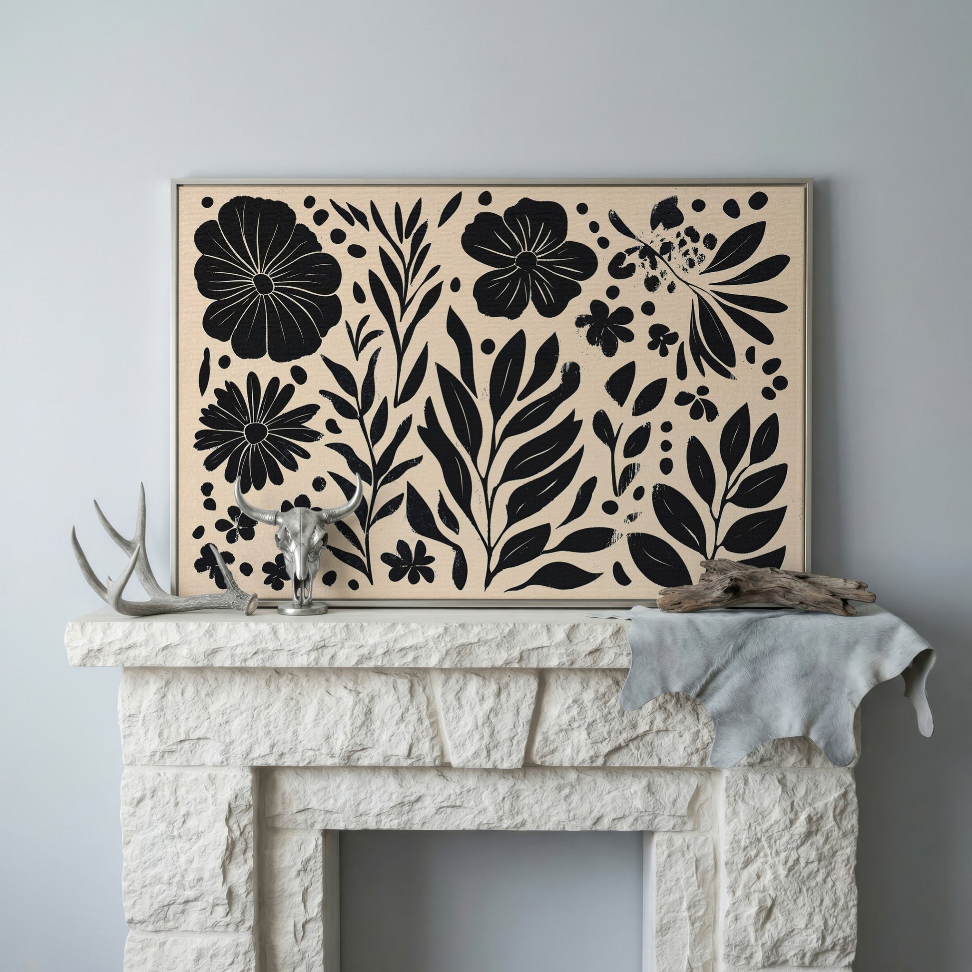 Black and White Floral Canvas with Minimalist Botanical Design in silver floating frame