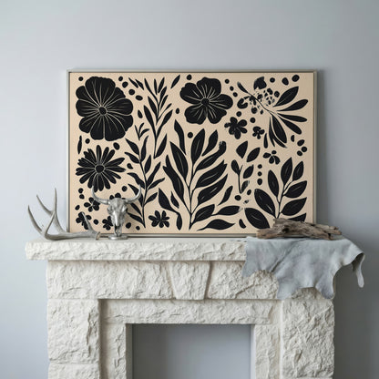Black and White Floral Canvas with Minimalist Botanical Design in silver floating frame