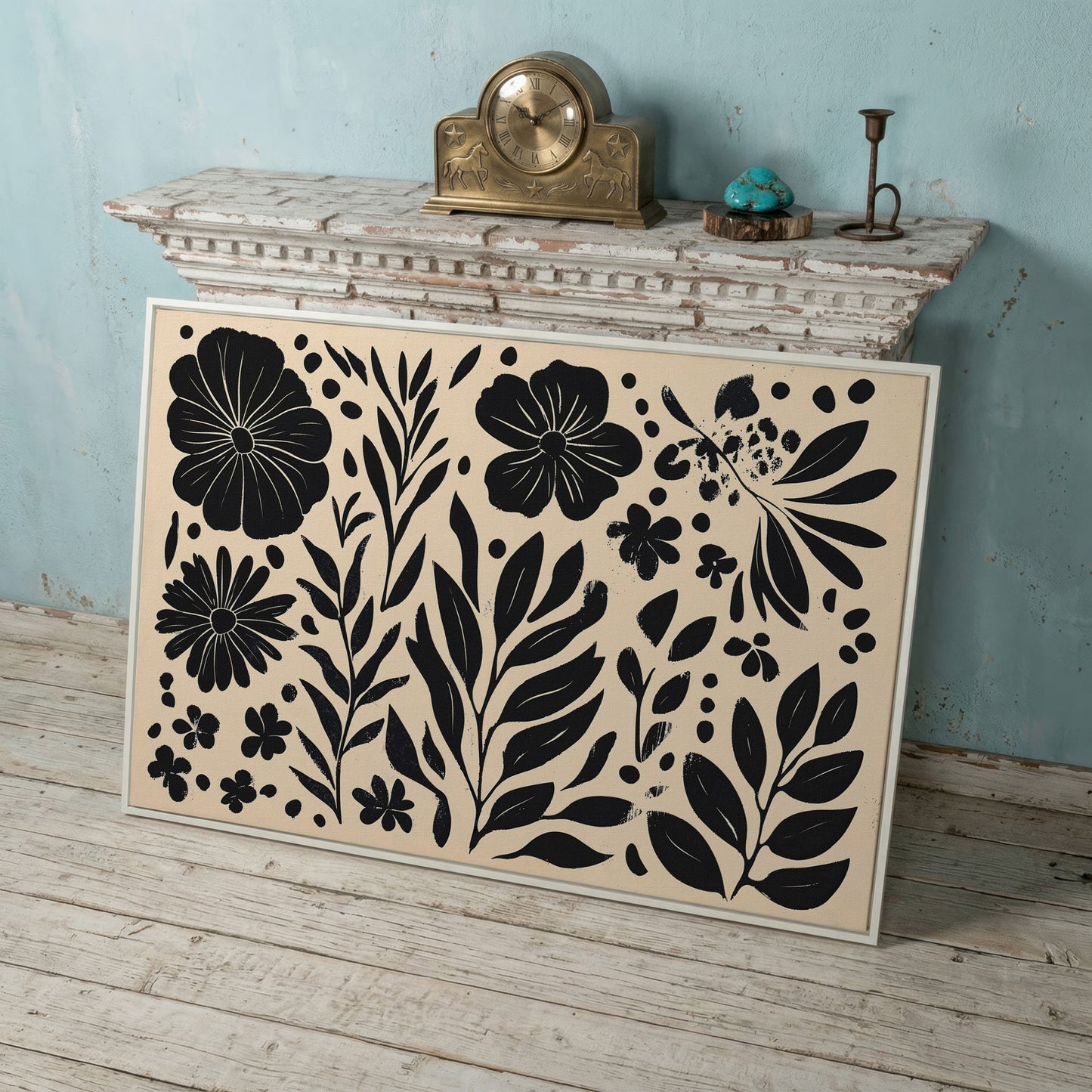 Black and White Floral Canvas with Minimalist Botanical Design in white floating frame