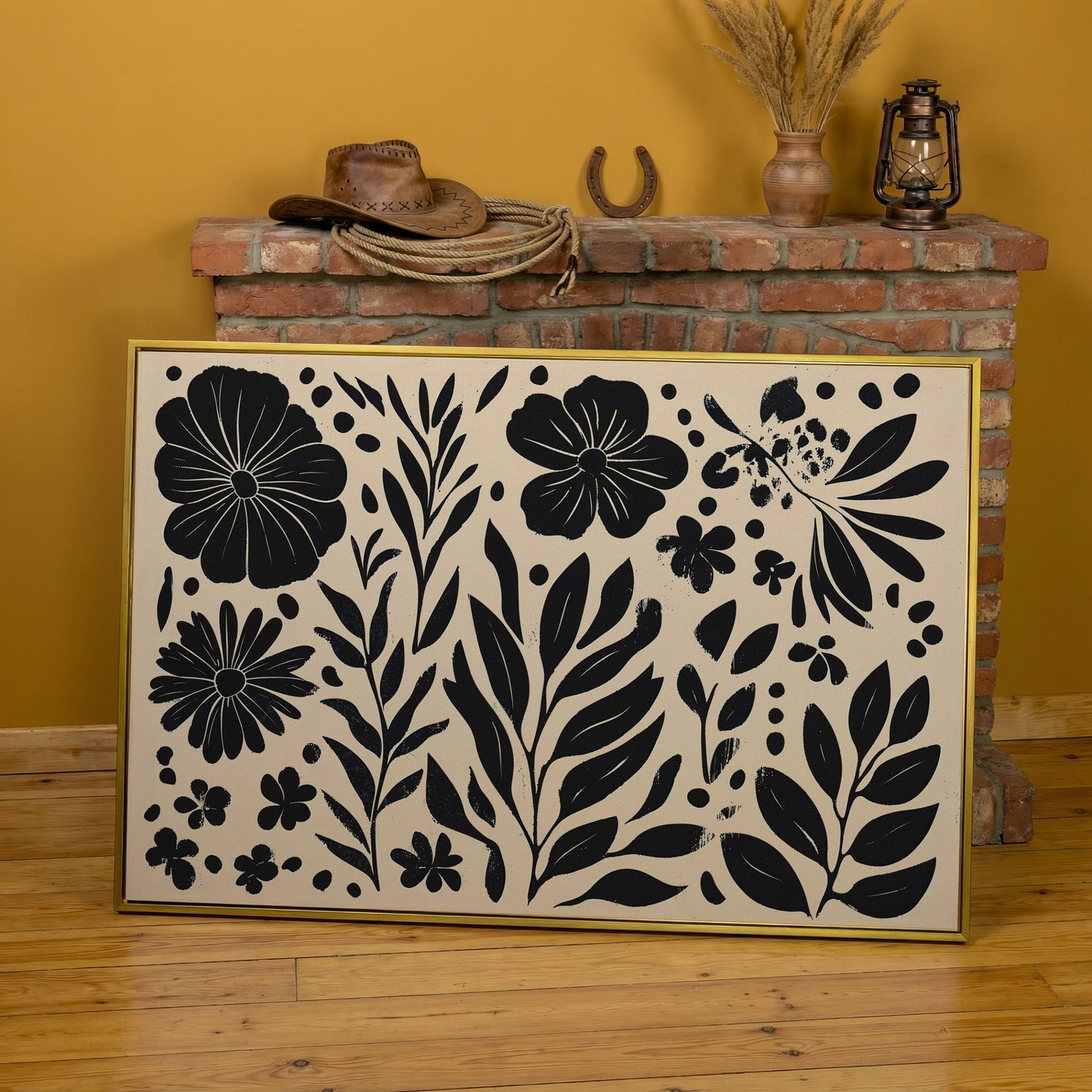 Black and White Floral Canvas with Minimalist Botanical Design in yellow gold floating frame