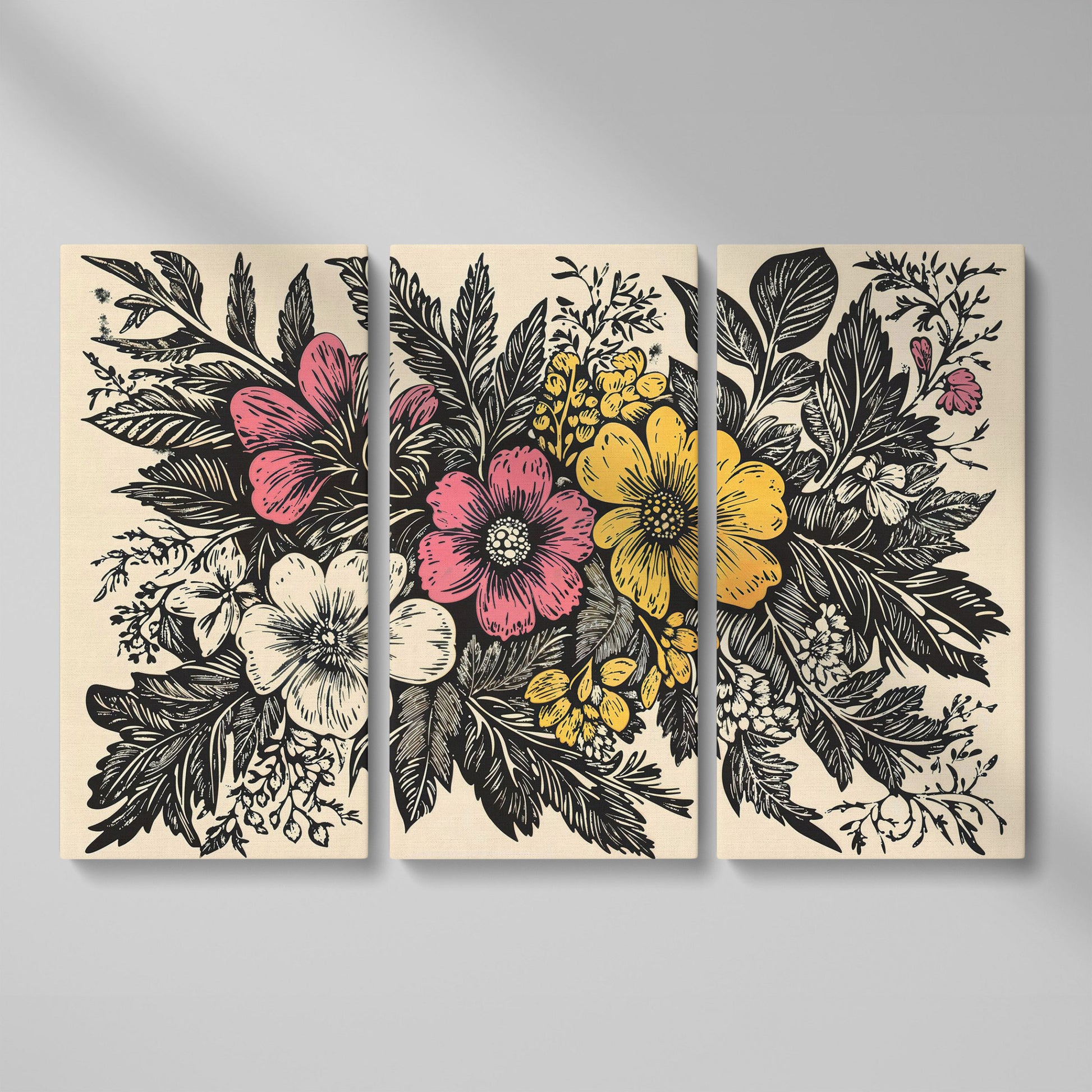 Wildflower Canvas with Bold Block-Print Style as 3-panel split version