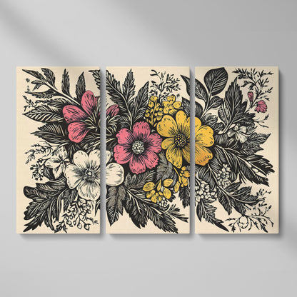 Wildflower Canvas with Bold Block-Print Style as 3-panel split version
