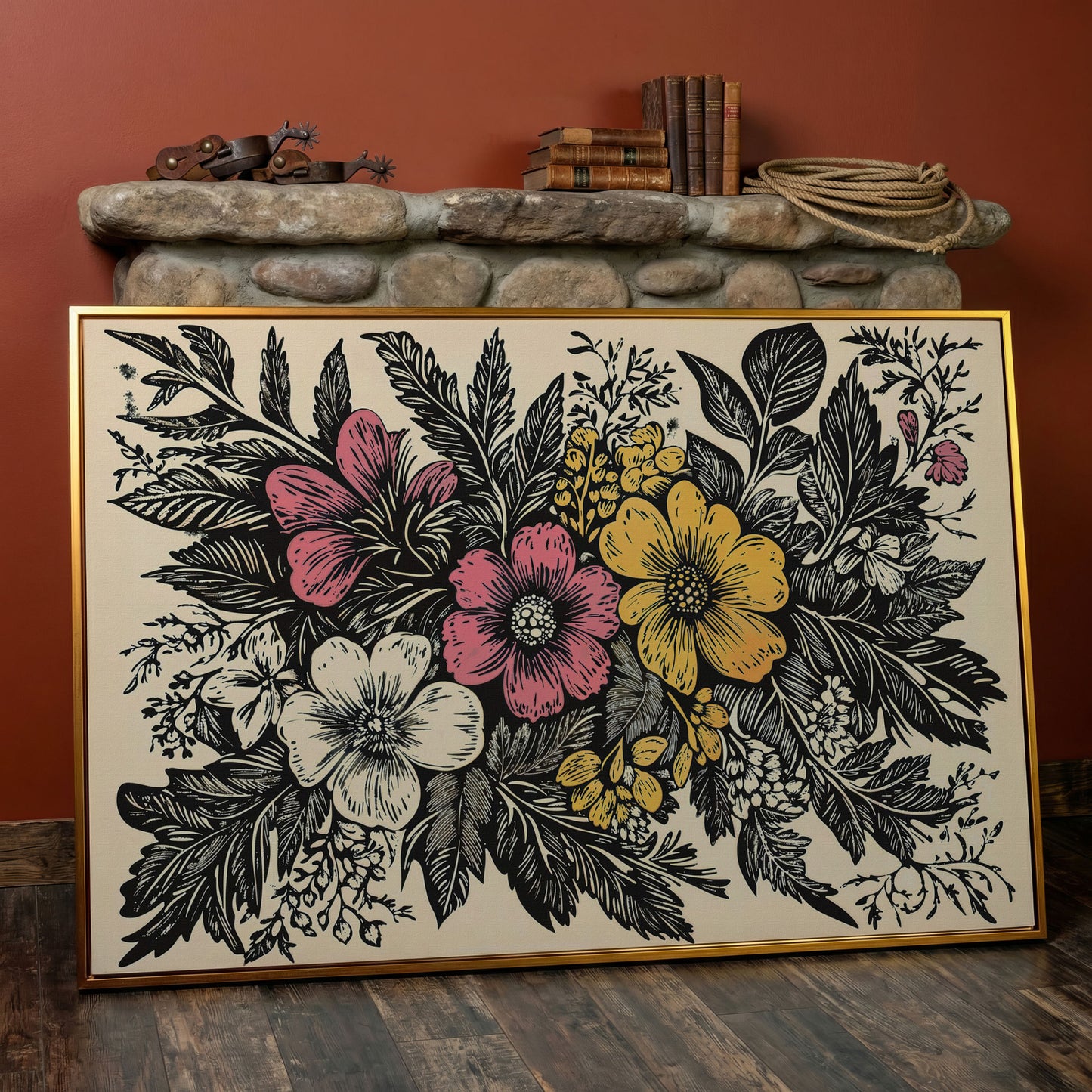 Wildflower Canvas with Bold Block-Print Style in antique gold floating frame