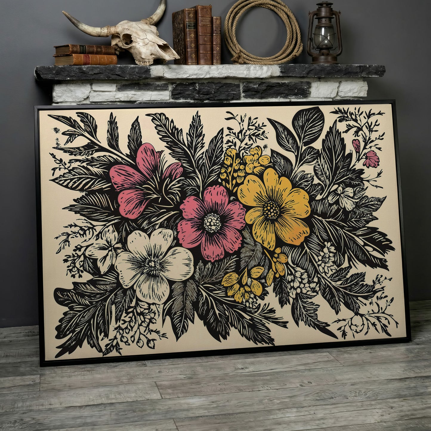 Wildflower Canvas with Bold Block-Print Style in black floating frame