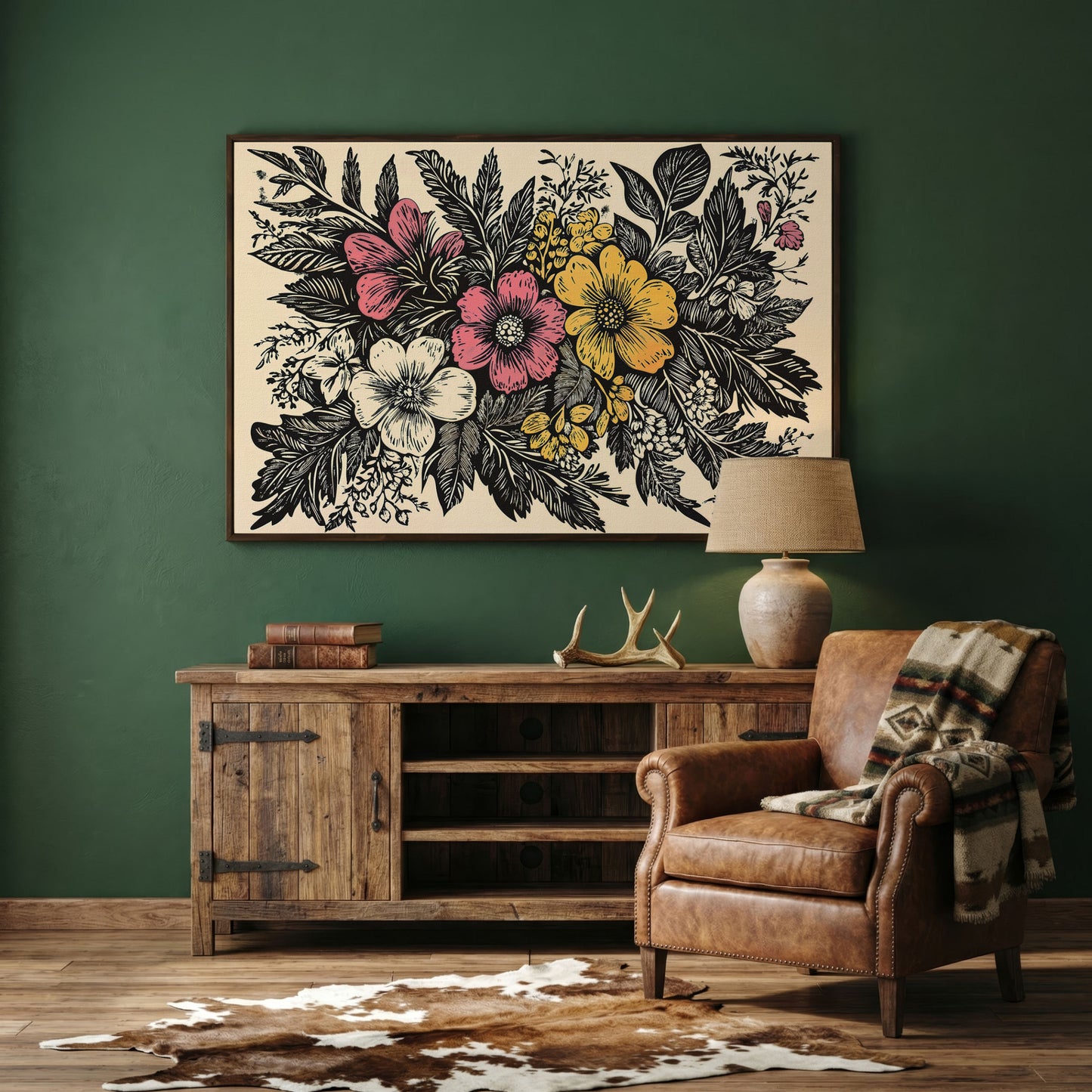 Wildflower Canvas with Bold Block-Print Style in dark walnut floating frame