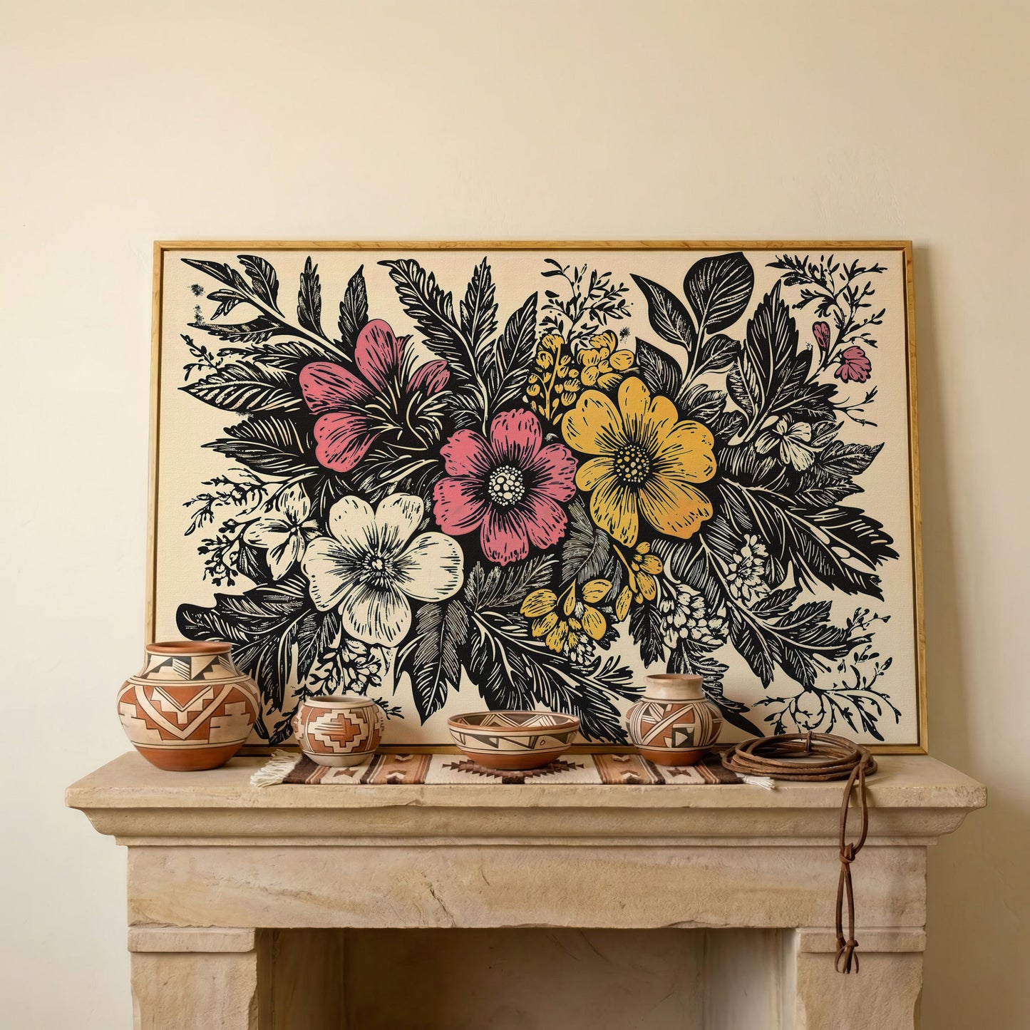 Wildflower Canvas with Bold Block-Print Style in white oak floating frame