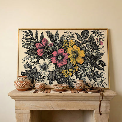 Wildflower Canvas with Bold Block-Print Style in white oak floating frame