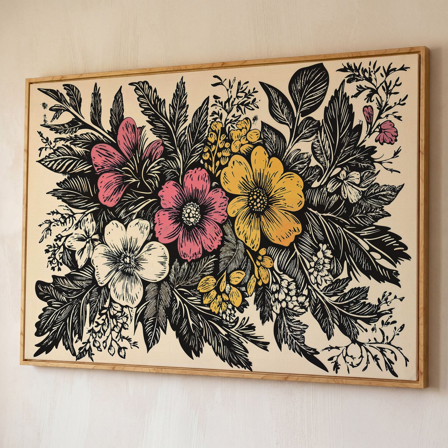 Wildflower Canvas with Bold Block-Print Style shown in white oak floating frame