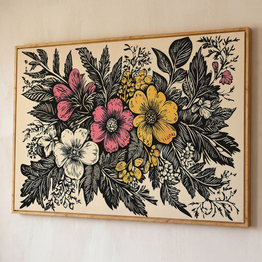 Wildflower Canvas with Bold Block-Print Style shown in white oak floating frame