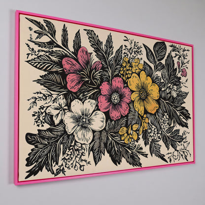 Wildflower Canvas with Bold Block-Print Style in pink floating frame