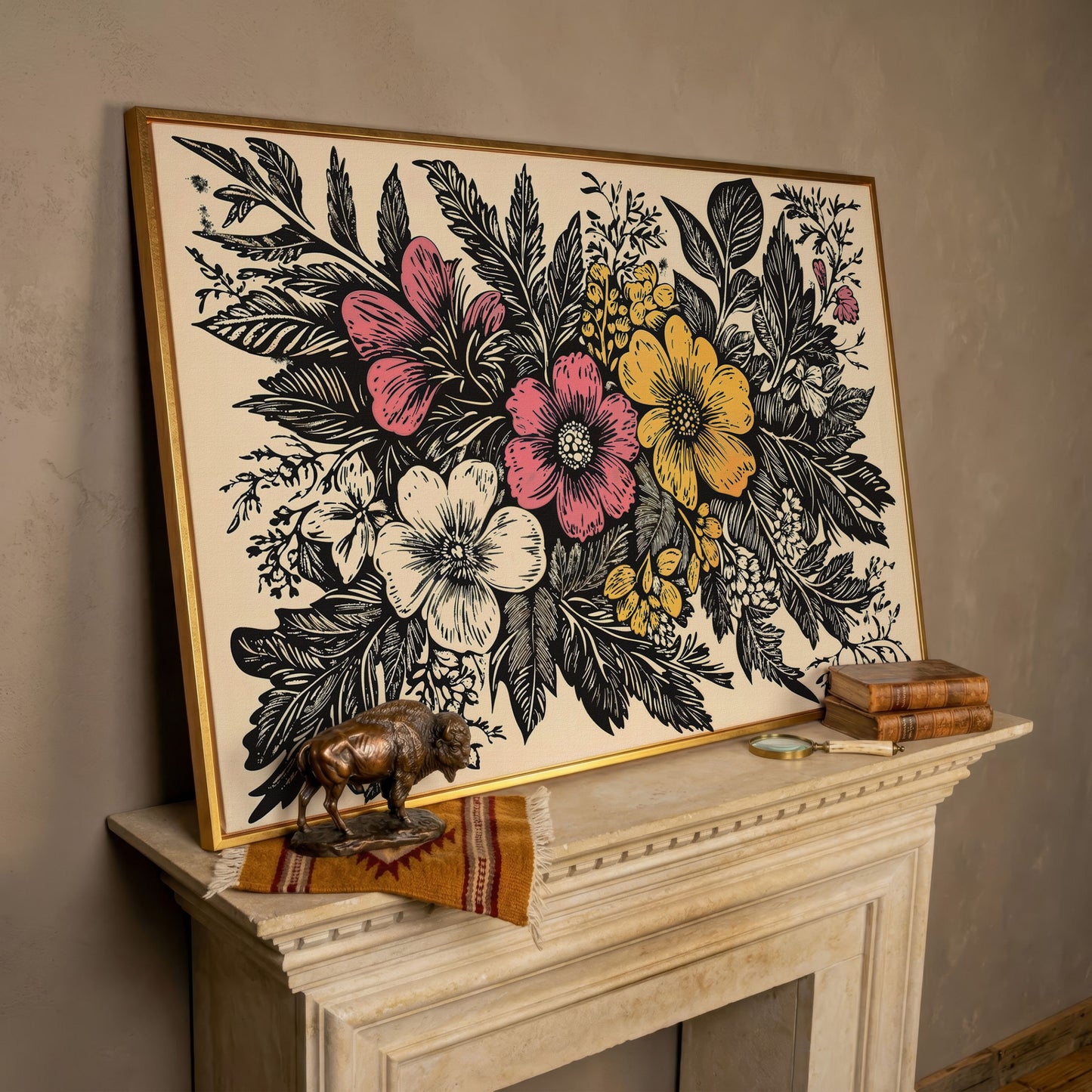 Wildflower Canvas with Bold Block-Print Style in rose gold floating frame