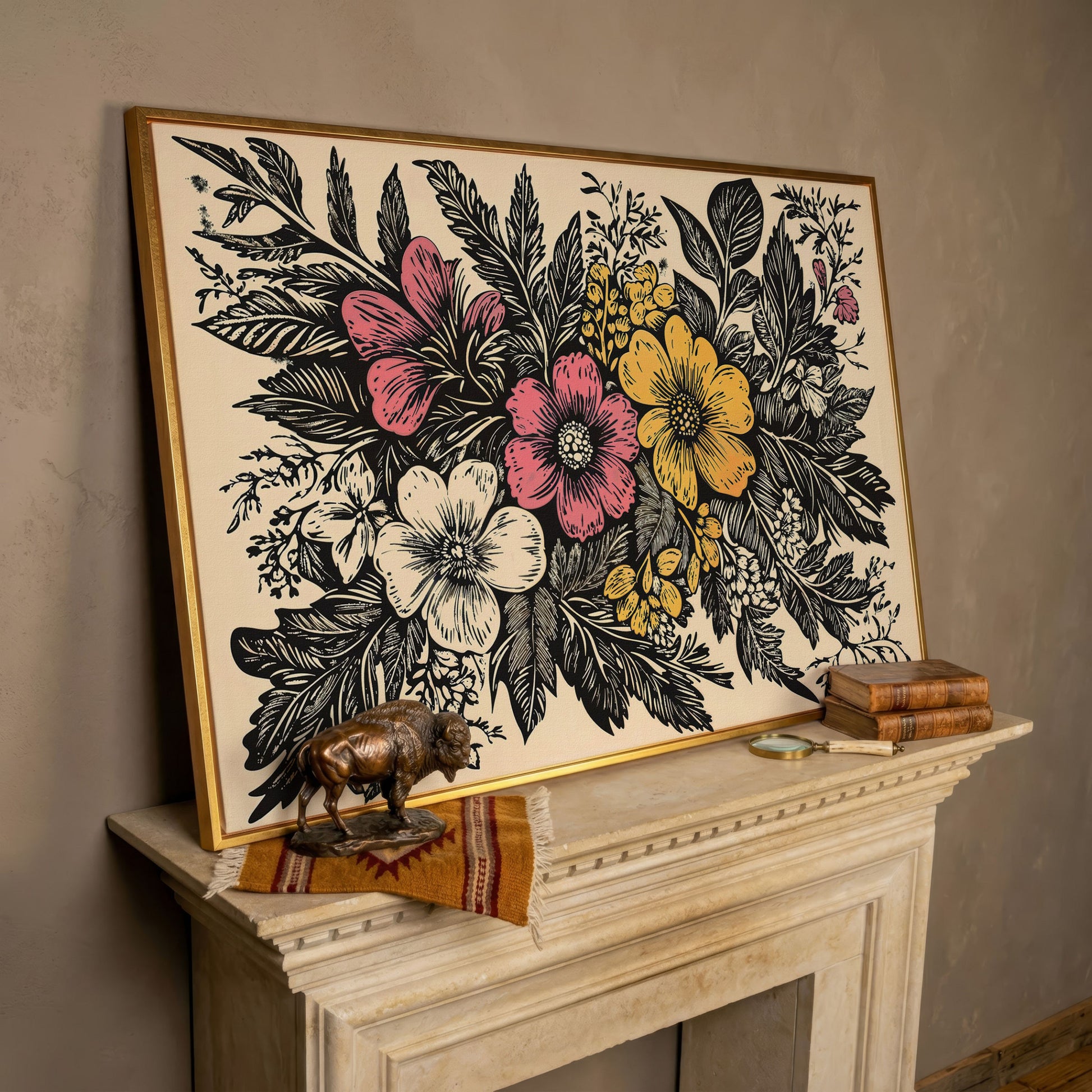 Wildflower Canvas with Bold Block-Print Style in rose gold floating frame