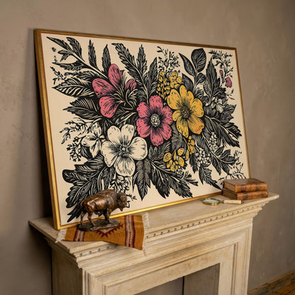 Wildflower Canvas with Bold Block-Print Style in rose gold floating frame
