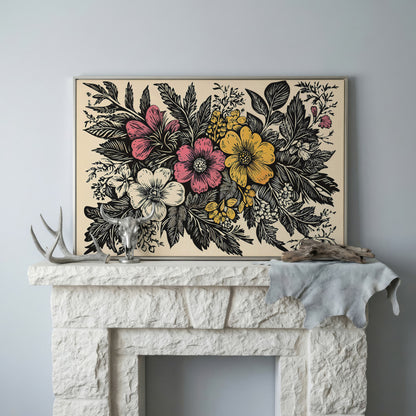 Wildflower Canvas with Bold Block-Print Style in silver floating frame