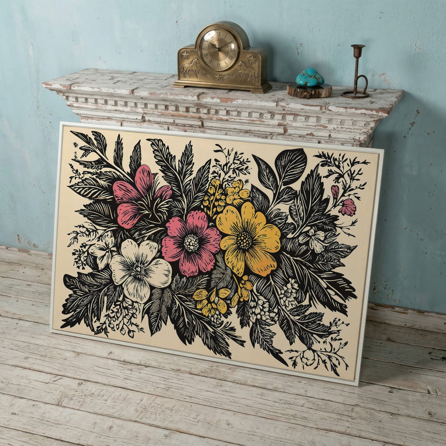 Wildflower Canvas with Bold Block-Print Style in white floating frame