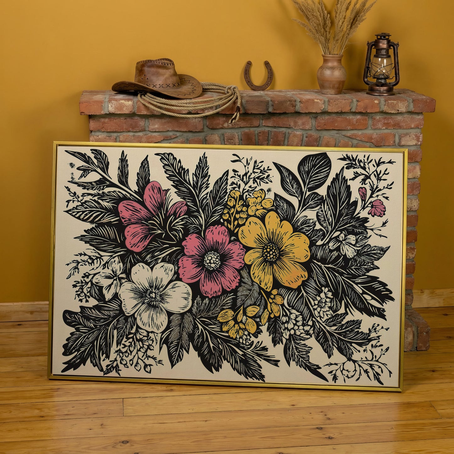 Wildflower Canvas with Bold Block-Print Style in yellow gold floating frame