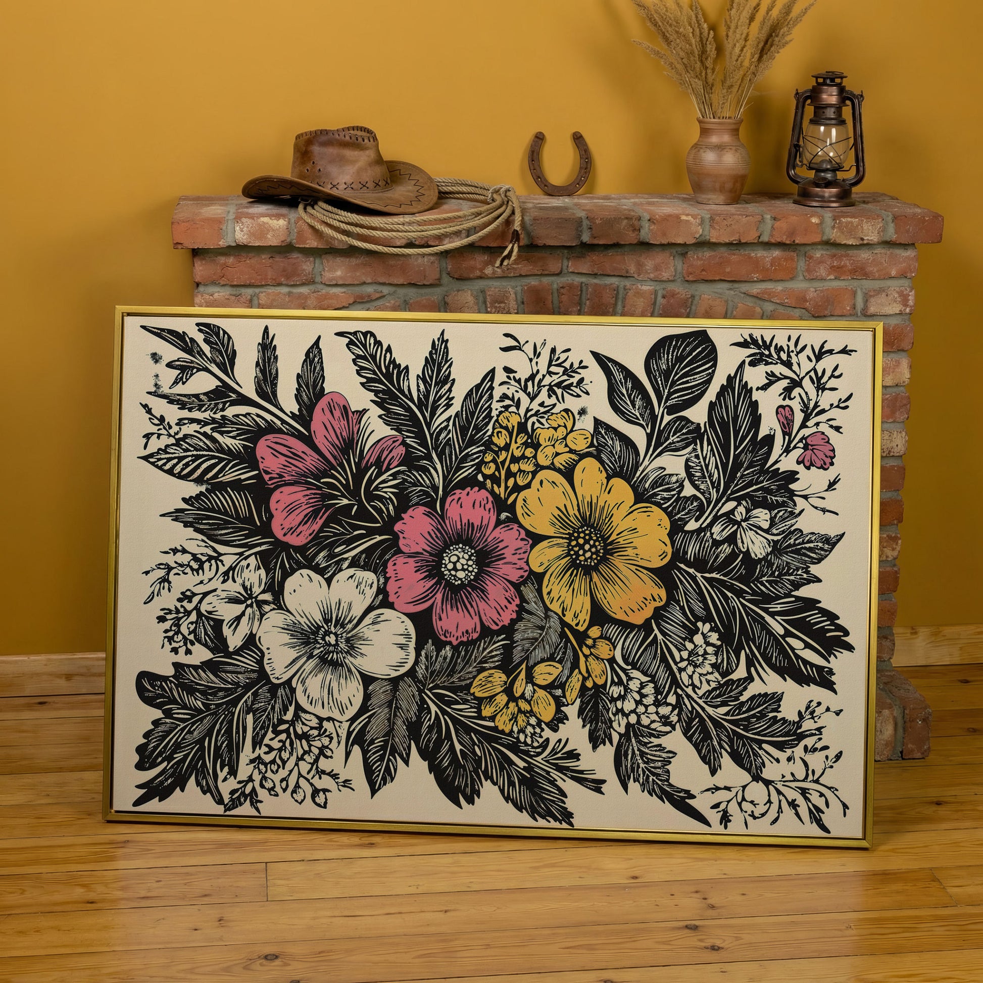 Wildflower Canvas with Bold Block-Print Style in yellow gold floating frame
