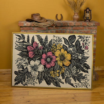 Wildflower Canvas with Bold Block-Print Style in yellow gold floating frame