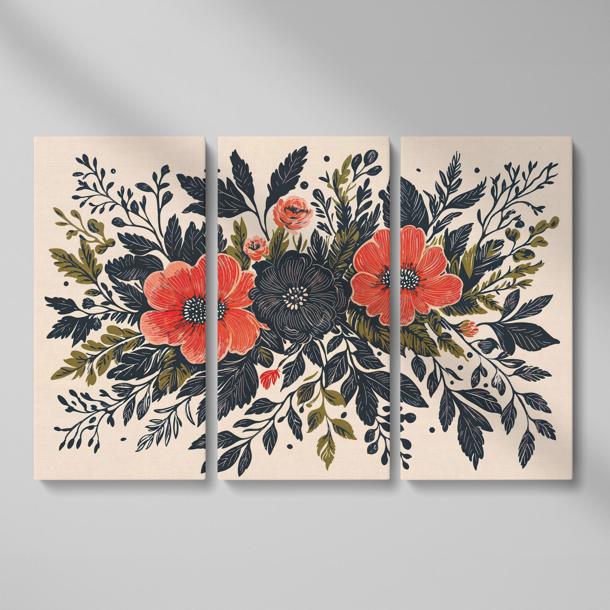 Wildflower Canvas with Coral and Charcoal Blooms as 3-panel split version