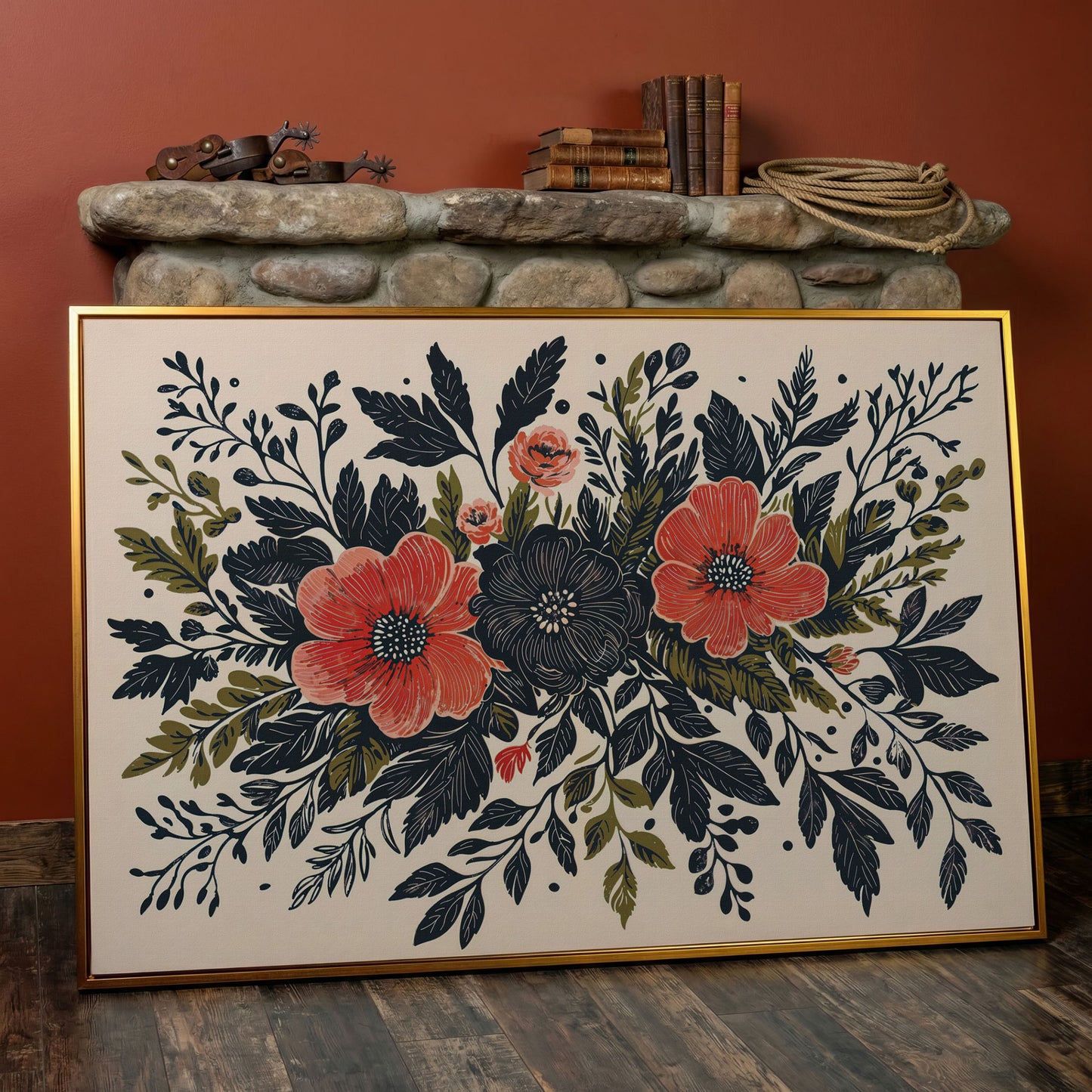 Wildflower Canvas with Coral and Charcoal Blooms in antique gold floating frame