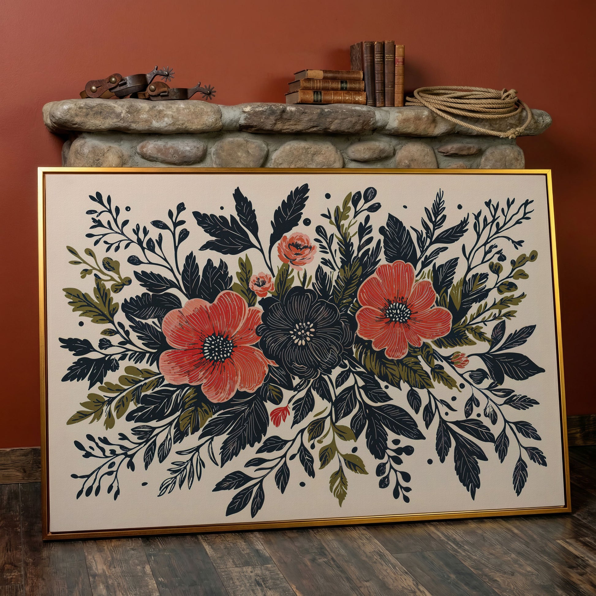 Wildflower Canvas with Coral and Charcoal Blooms in antique gold floating frame