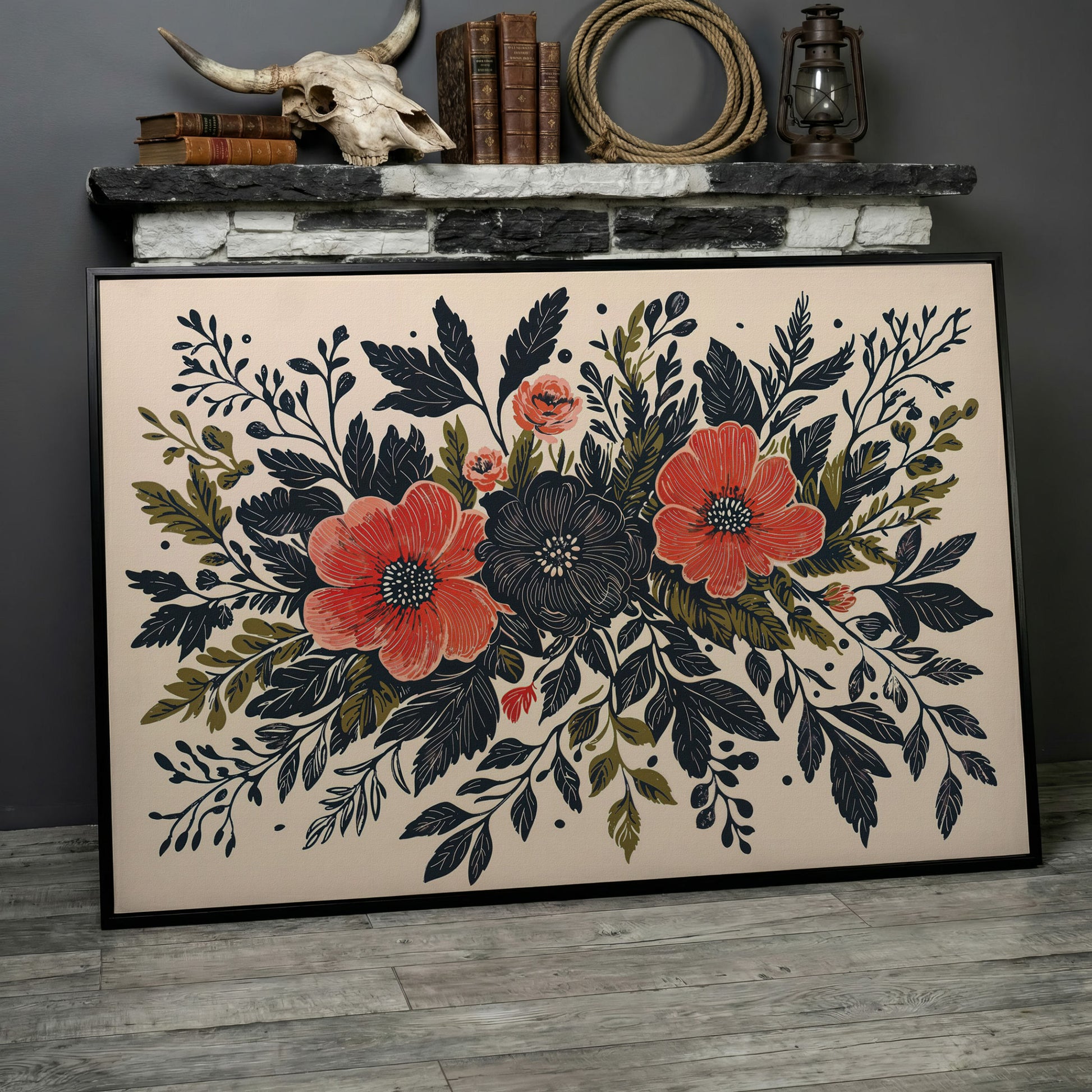 Wildflower Canvas with Coral and Charcoal Blooms in black floating frame