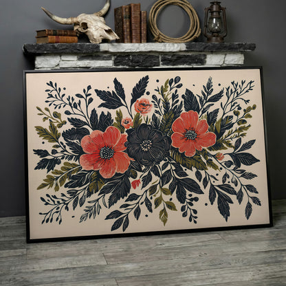 Wildflower Canvas with Coral and Charcoal Blooms in black floating frame