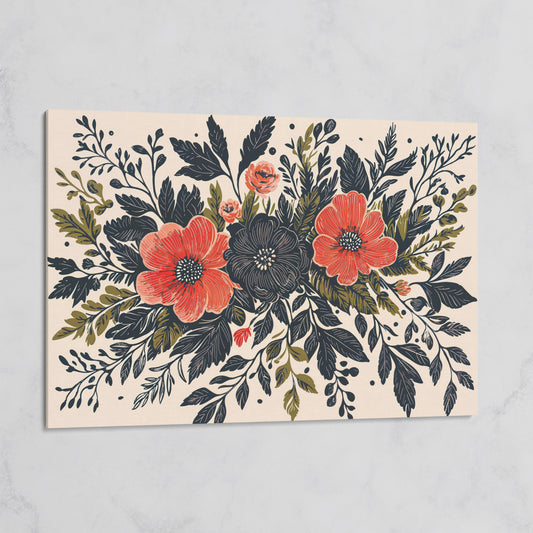 Wildflower Canvas with Coral and Charcoal Blooms on gallery wrap