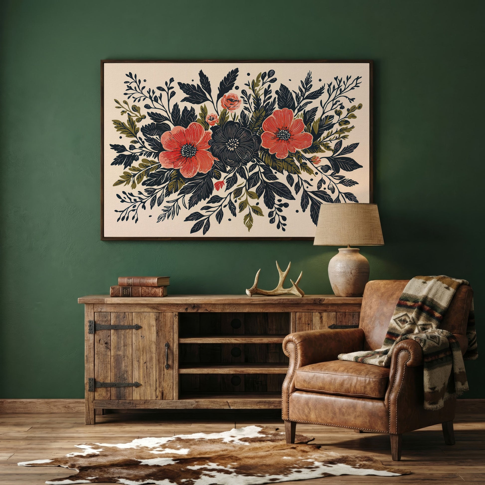Wildflower Canvas with Coral and Charcoal Blooms in dark walnut floating frame