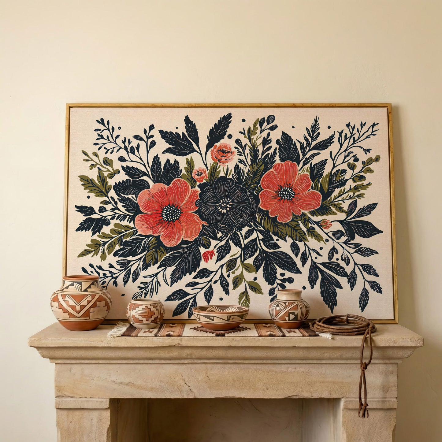 Wildflower Canvas with Coral and Charcoal Blooms in white oak floating frame