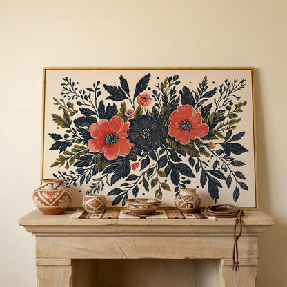 Wildflower Canvas with Coral and Charcoal Blooms in white oak floating frame