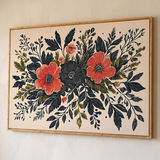 Wildflower Canvas with Coral and Charcoal Blooms shown in white oak floating frame