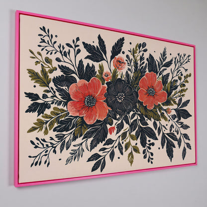 Wildflower Canvas with Coral and Charcoal Blooms in pink floating frame