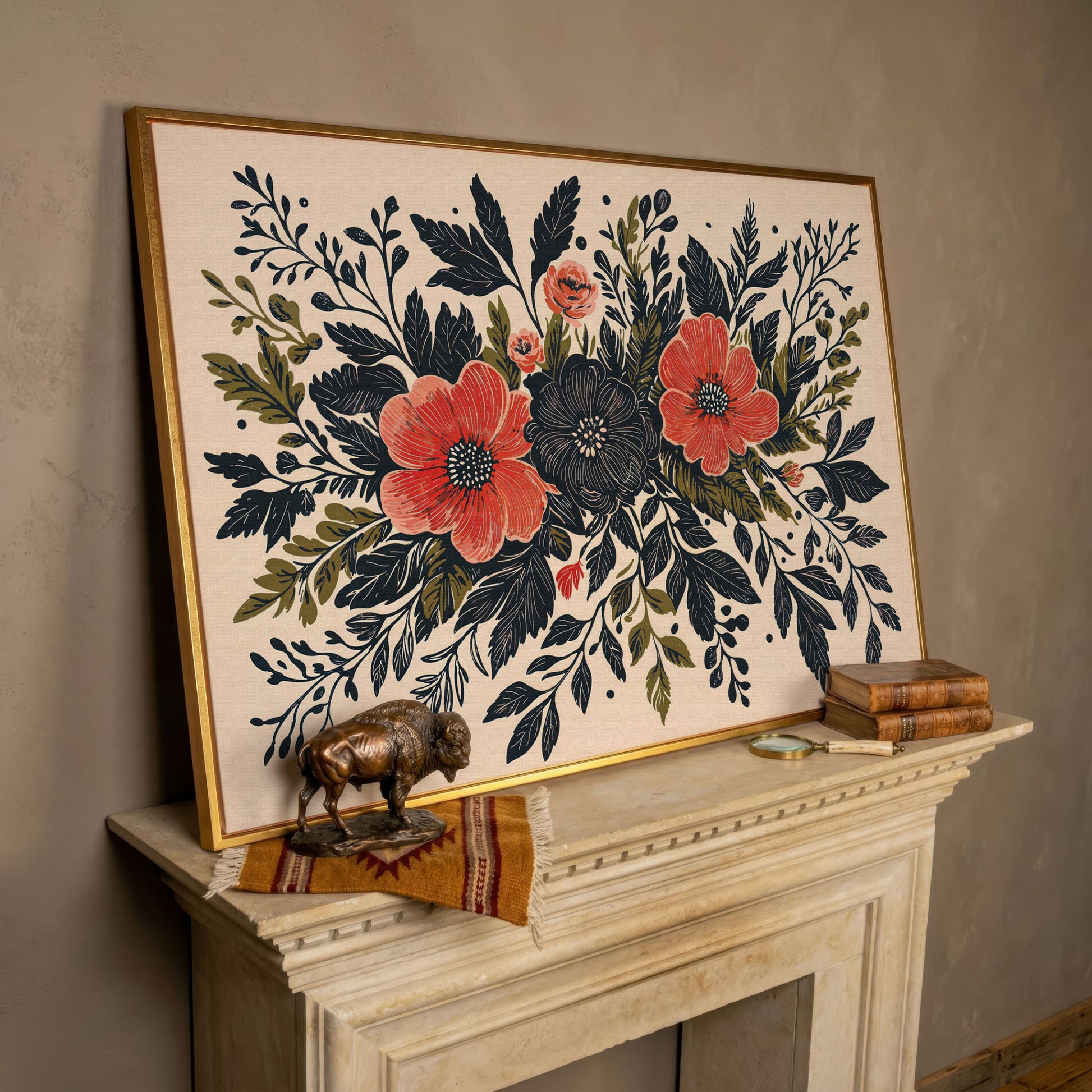Wildflower Canvas with Coral and Charcoal Blooms in rose gold floating frame