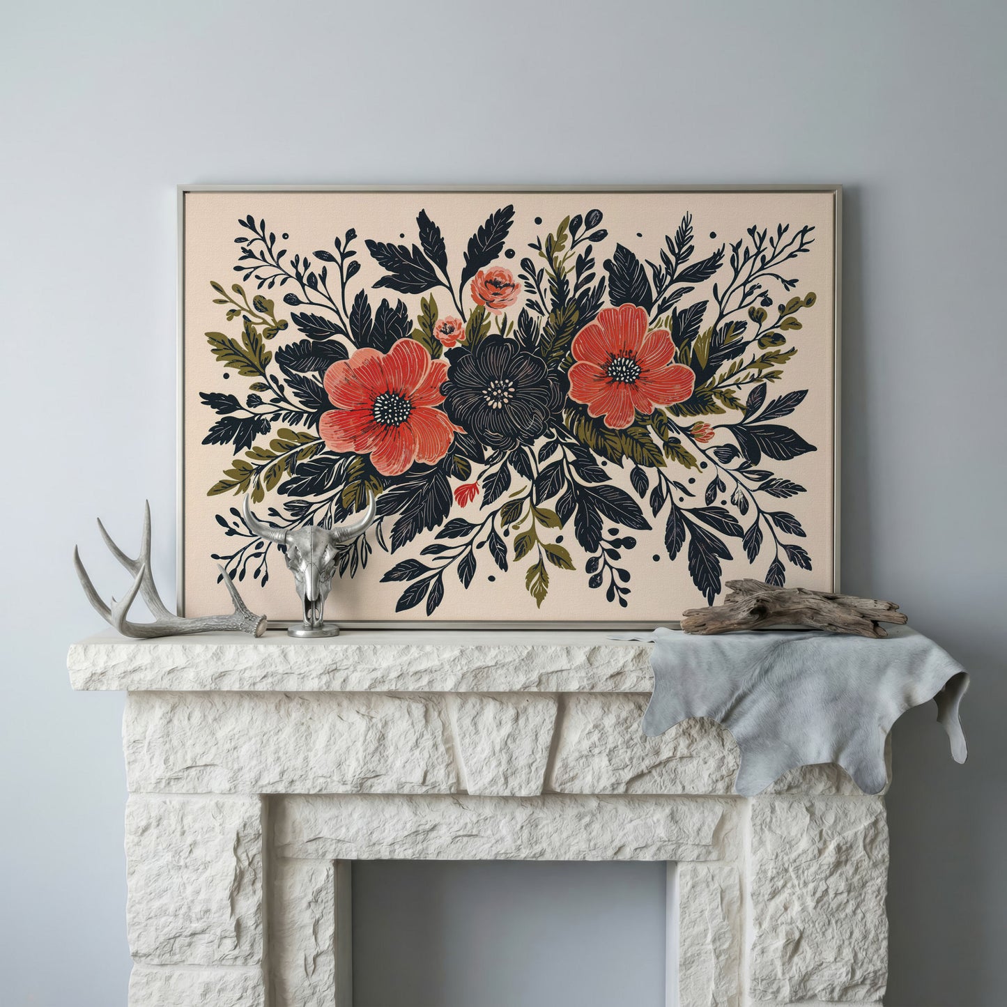 Wildflower Canvas with Coral and Charcoal Blooms in silver floating frame