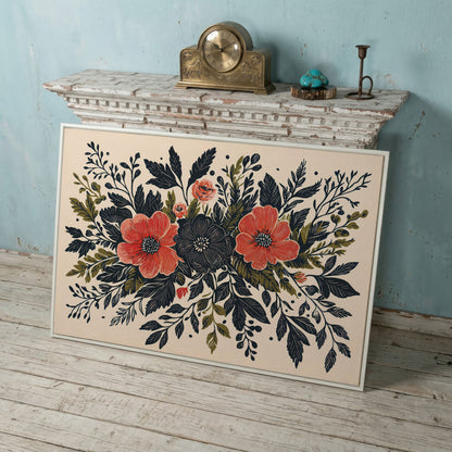Wildflower Canvas with Coral and Charcoal Blooms in white floating frame
