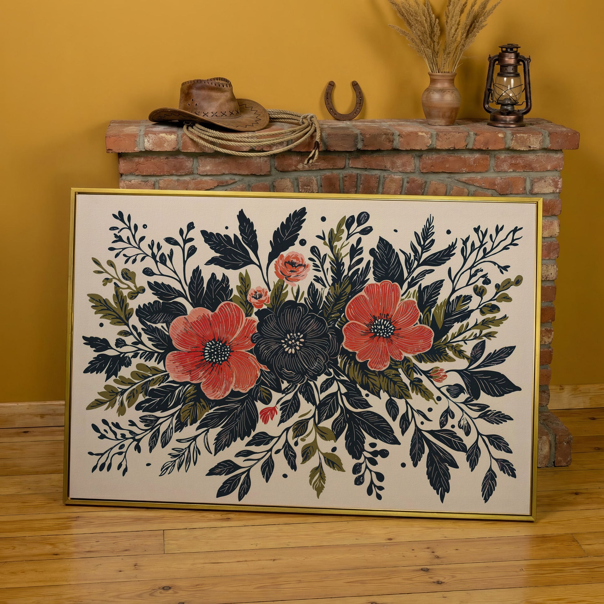 Wildflower Canvas with Coral and Charcoal Blooms in yellow gold floating frame