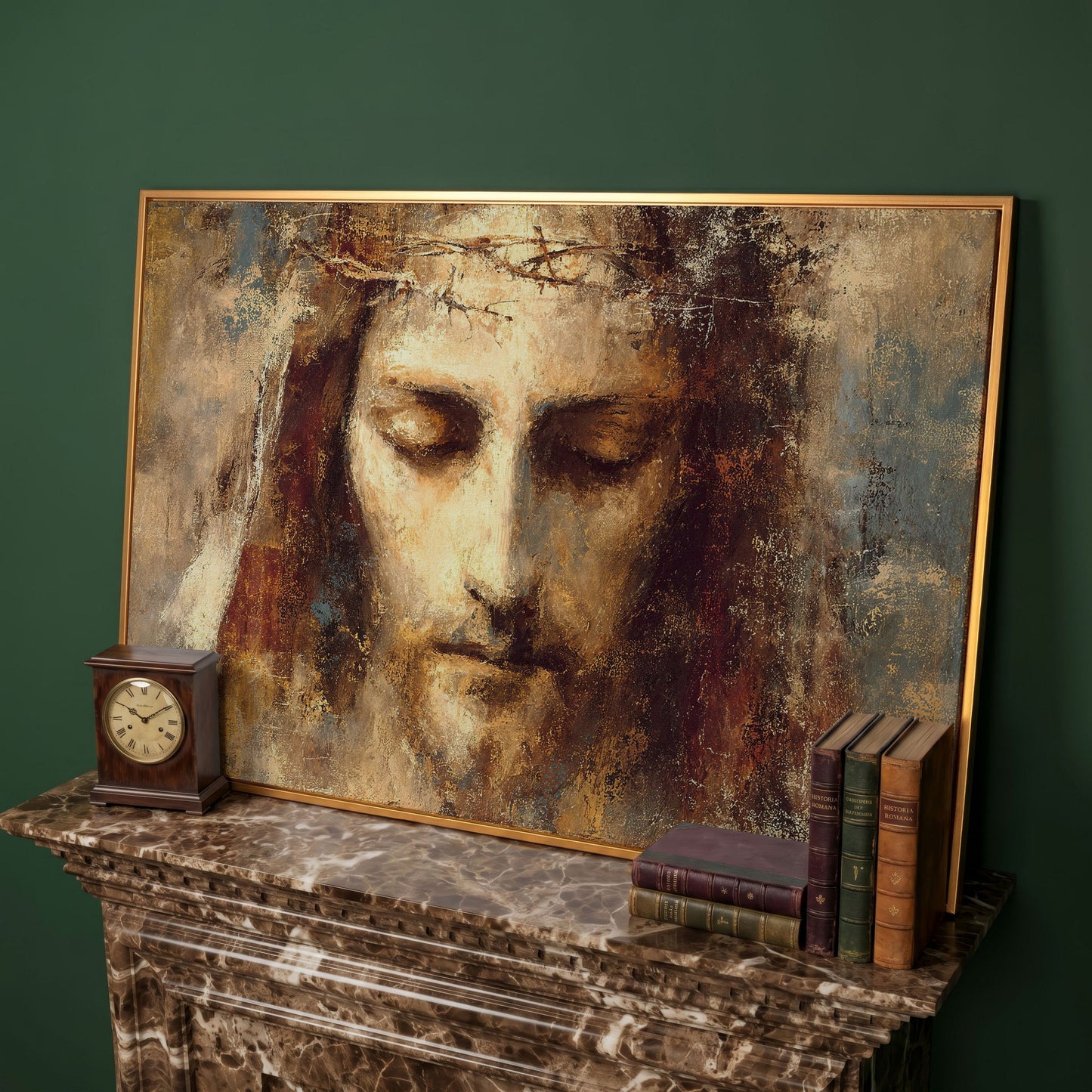 Holy Face of Jesus, Crown of Thorns. Canvas Wall Art in antique gold floating frame