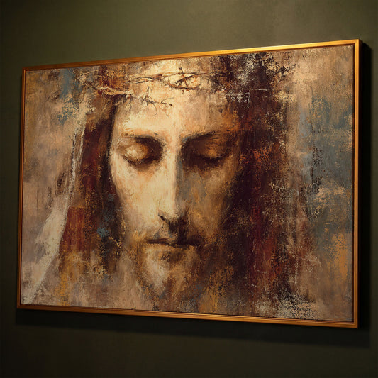 Holy Face of Jesus, Crown of Thorns. Canvas Wall Art shown in antique gold floating frame