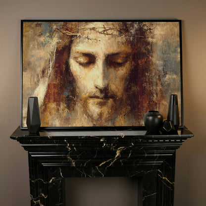 Holy Face of Jesus, Crown of Thorns. Canvas Wall Art in black floating frame
