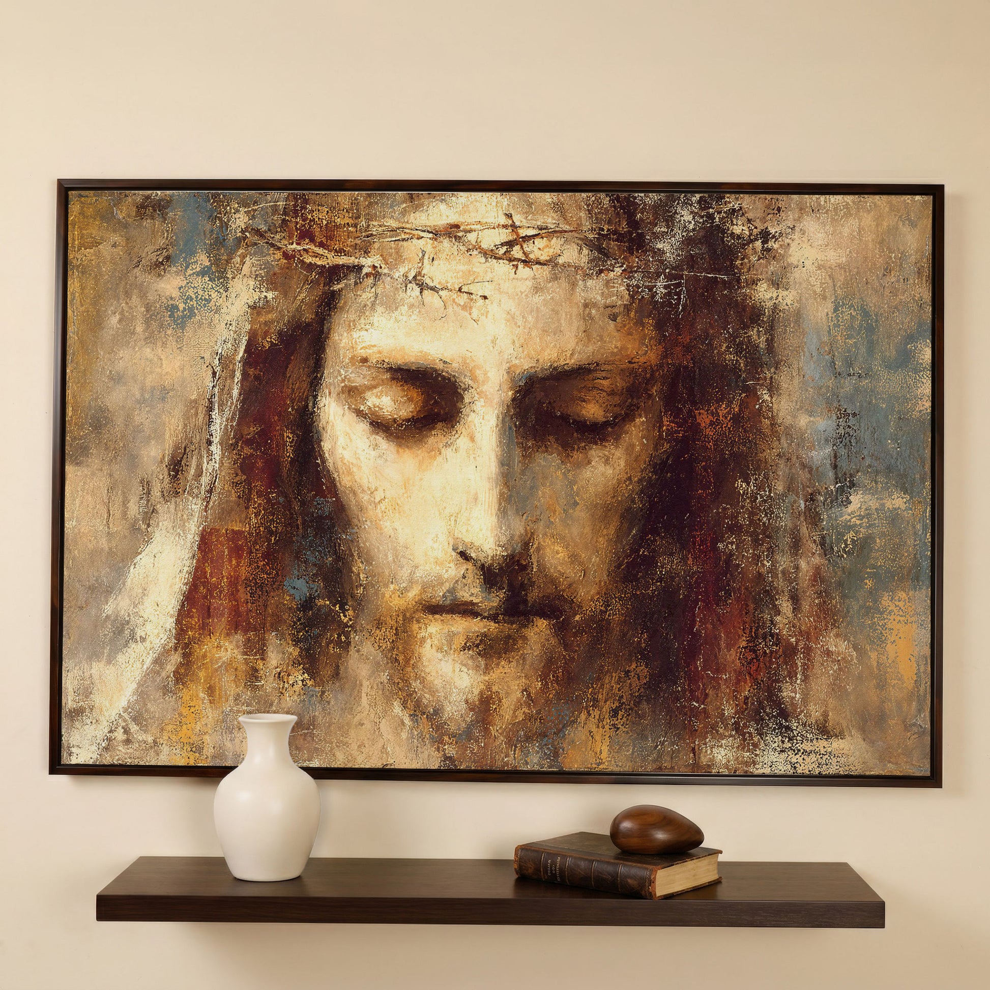 Holy Face of Jesus, Crown of Thorns. Canvas Wall Art in dark walnut floating frame