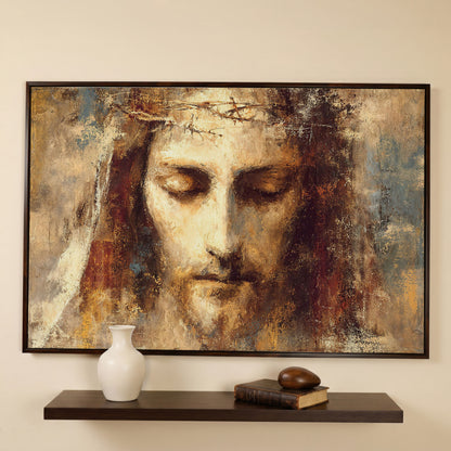 Holy Face of Jesus, Crown of Thorns. Canvas Wall Art in dark walnut floating frame