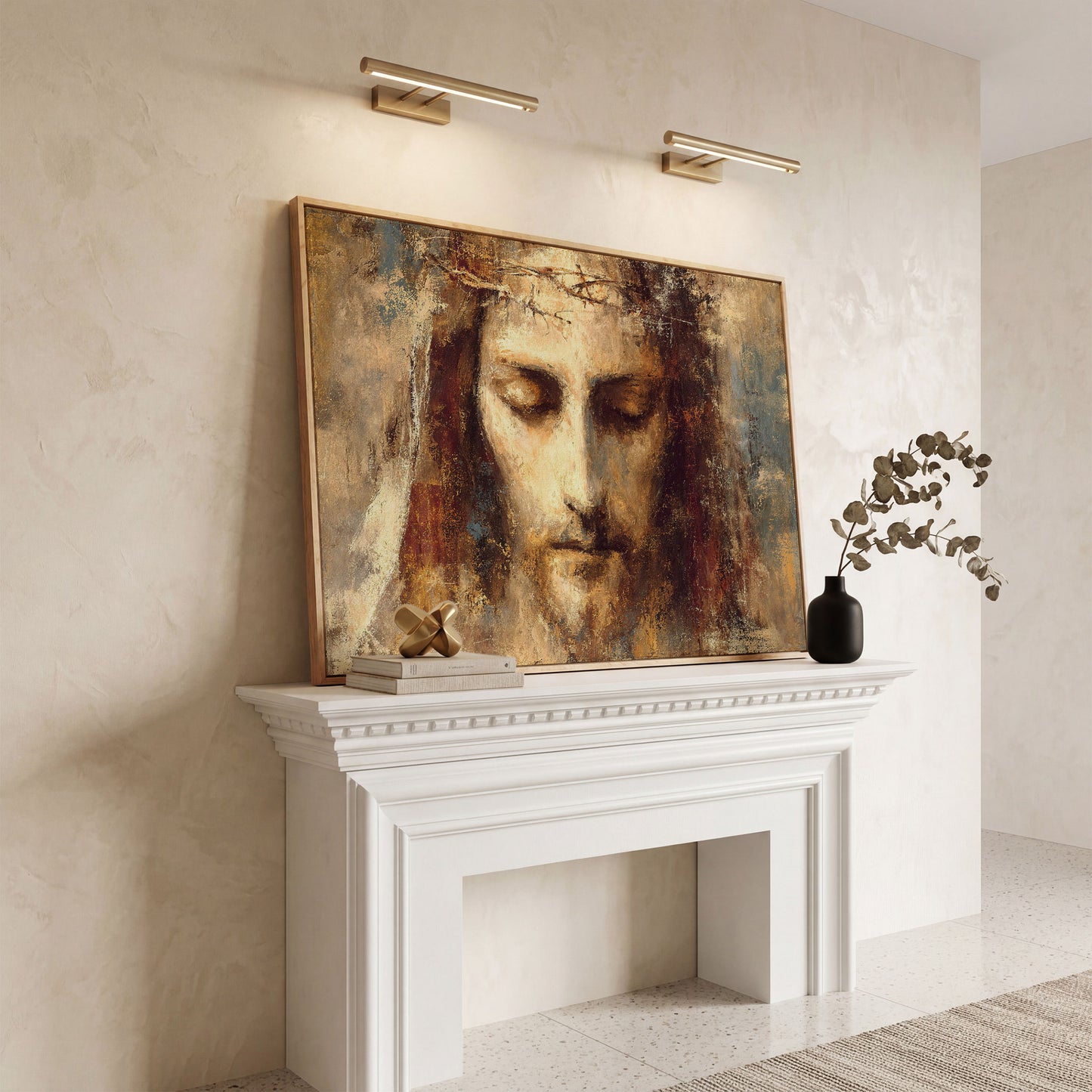 Holy Face of Jesus, Crown of Thorns. Canvas Wall Art in white oak floating frame