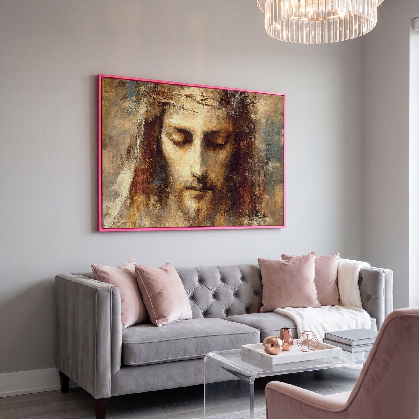 Holy Face of Jesus, Crown of Thorns. Canvas Wall Art in pink floating frame